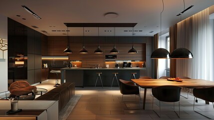 Interior of a modern kitchen in a luxury house ,Interior of a modern kitchen with wooden furniture in a luxury house 