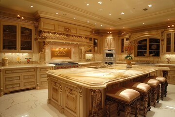 Kitchen in luxury home  ,Luxury domestic kitchen with elegant wooden design ,beautiful, large kitchen interior in new luxury home