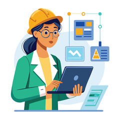 female engineer checks the program and discovers an error. Hand drawn style vector design illustrations vector