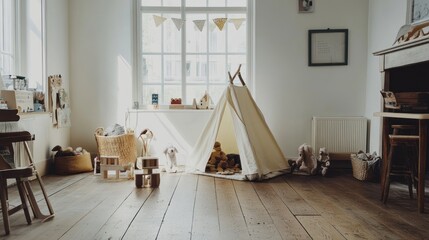 serene children's playroom showcasing a teepee tent with stuffed animals and wooden toys bathed in soft natural light illuminating the space
