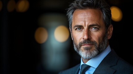 Confident businessman portrait, dark background, corporate event