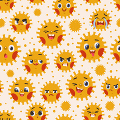 Sun pattern seamless with colorful emotional suns for summer lovers