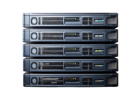 Stack of High-Performance Server Racks for Data Processing and Storage Solutions on transparent background