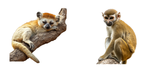 Two tropical primates resting in the trees, wildlife nature, cut out transparent