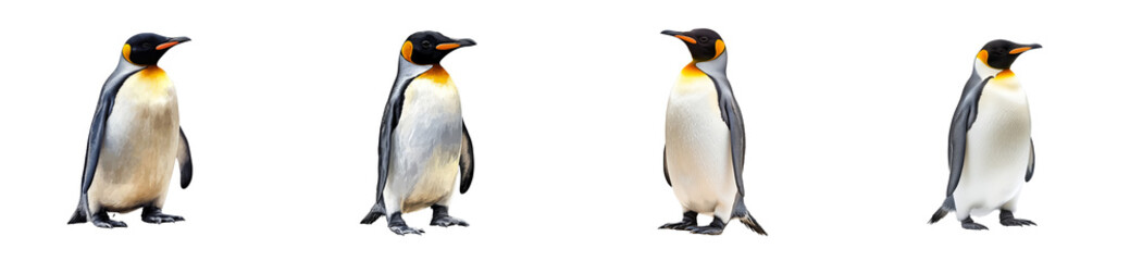 Fototapeta premium Emperor penguins standing in a row, isolated on black, cut out transparent