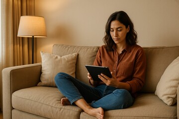 Woman sitting on sofa working with tablet in warm home