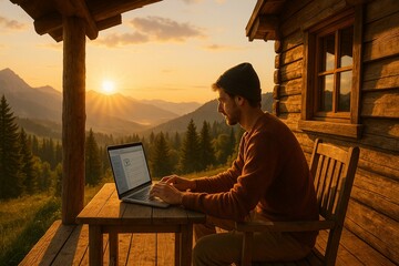 Man checking laptop at sunrise on mountain cabin porch