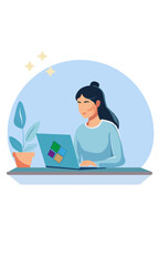 office woman with laptop and plant modern workspace