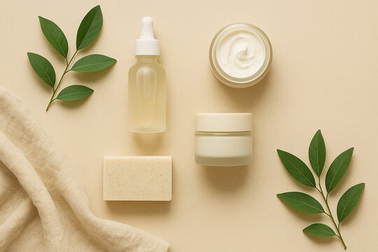 Flat lay of eco-friendly skincare with leaves and soft textures