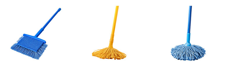 Cleaning tools assortment on black background, cut out transparent