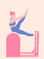 Pilates concept illustration - Woman is working out on Pilate Barrel