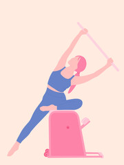 Pilates concept illustration - Woman is working out with a stick on Pilate chess