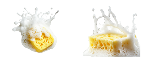 Cleaning with a sponge and bubbles, hygiene and purity, cut out transparent