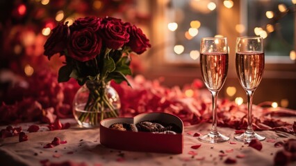 romantic table with roses and champagne glasses
