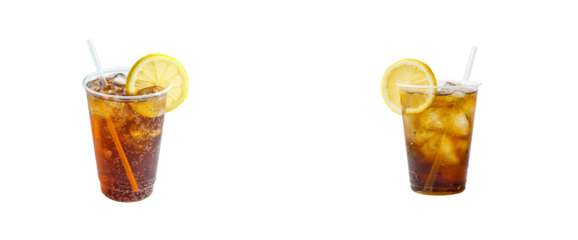 Refreshing drinks, lemon slices, served in plastic, cut out transparent