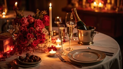 elegant valentine dinner with roses and candles