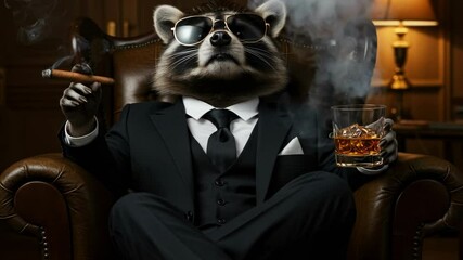 A clever raccoon sits comfortably in an elegant leather chair, dressed sharply in a black suit with sunglasses. In one hand, it holds a glass filled with whiskey, while the other hand grips a cigar