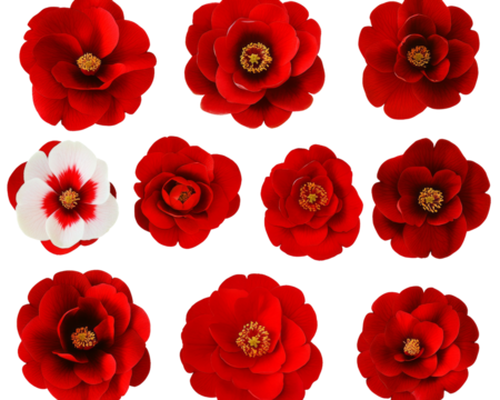 Arrangement of red and one white camellia flowers facing forward on black background.
