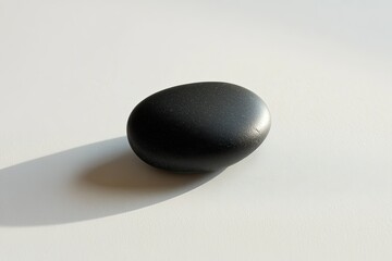 A smooth, polished black stone resting on a light-colored surface, casting a soft shadow, ideal for wellness and relaxation themes in spa or meditation contexts