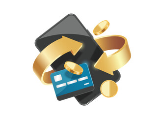 Golden arrows, gold coins or dollars, black credit cards, all object floating in mid-air and circling around smartphone for Cash back promotion concept, vector 3d illustration isolated for financial