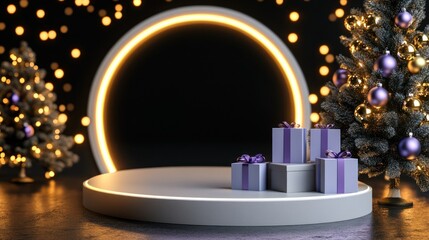festive christmas showcase with radiant circle gifts and adorned fir trees creating a magical and inviting holiday atmosphere for product display
