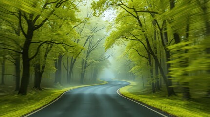 Obraz premium A winding road through a lush green forest with trees on either side