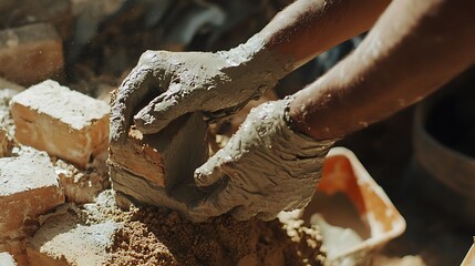 Hands Molding Clay Bricks