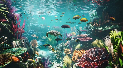 A massive coral reef teeming with exotic fish, sea turtles, and vibrant underwater plants