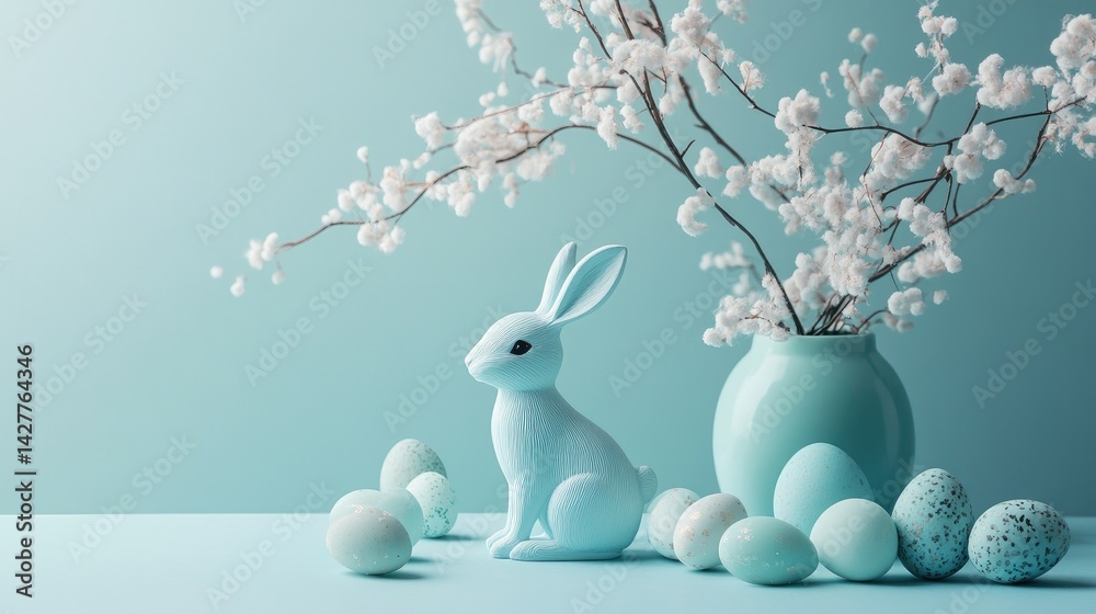 Poster a chic easter-themed composition with a rabbit silhouette and decorative elements on a soft blue bac