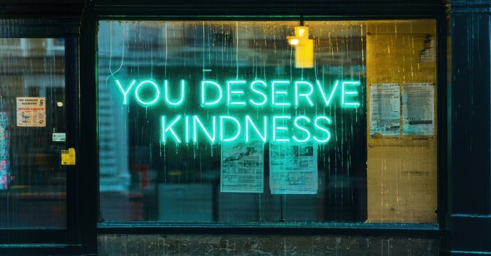 Naklejki Teal neon sign you deserve kindness in bold font glowing on wall of closed shopfront with rain streaked glass and yellowing posters