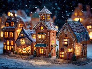 Obraz premium Miniature decorative houses with glowing windows in a snowy winter scene.