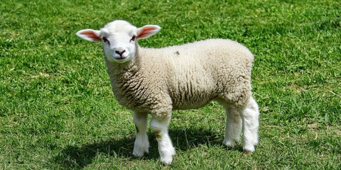 Obraz premium A cute spring lamb standing in a field of fresh green grass.
