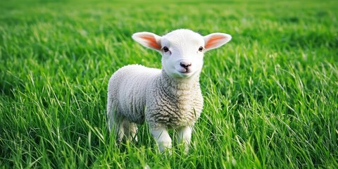 Obraz premium A cute spring lamb standing in a field of fresh green grass.