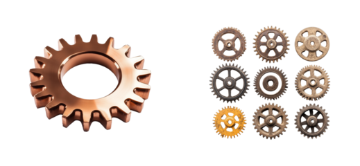 Gears assortment on black background, various styles , cut out transparent