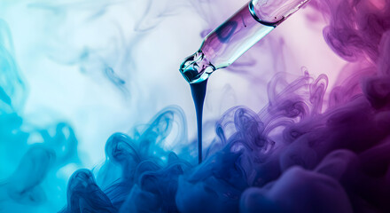 Fluid Dynamics Featuring a Pipette with Cyan and Purple Ink Plumes