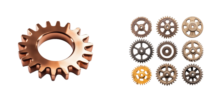 Gears assortment on black background, various styles , cut out transparent