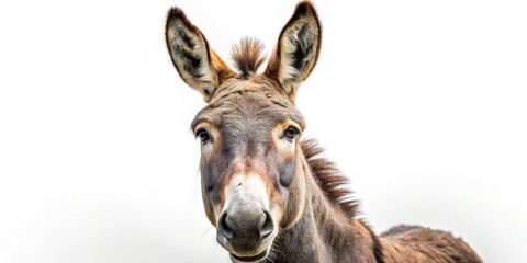 Naklejka premium Donkey Portrait, Isolated White Background, Candid Animal Photography, Equine Image, Farm Animal