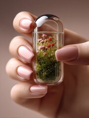 A small transparent glass capsule filled with lush green grass and colorful wildflowers, the flowers nearly overflowing from the capsule. Held delicately between the fingers of a.
