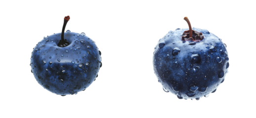 Two blueberries with water droplets, isolated on black, cut out transparent
