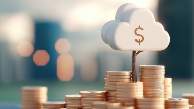 thriving tree growing pile coins concept. Cloud computing concept with money stacks and financial growth symbols.