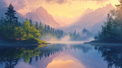 Fototapeta premium Serene mountain landscape at dawn with vibrant reflections in a calm lake, surrounded by lush greenery and mist, evoking tranquility and natural beauty