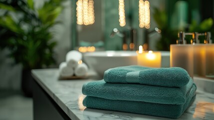 A serene bathroom scene with neatly folded aqua-colored towels