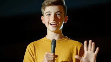 Public Speaking: A young boy confidently delivers a speech, his animated gestures and engaging smile revealing his passion for public speaking in this moment.