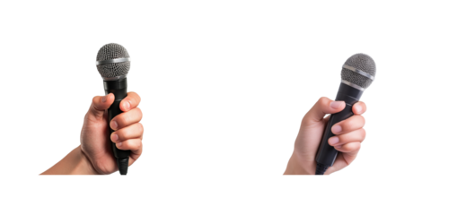 Hands holding microphones for presentations, interviews, cut out transparent