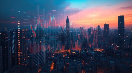 Fototapeta premium City Skyline Model with Overlaid Graphs, Highlighting Business and Growth -