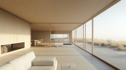 Fototapeta premium minimalist beach house interior showcasing wood textures floor-to-ceiling windows and ocean view providing a serene and modern living space