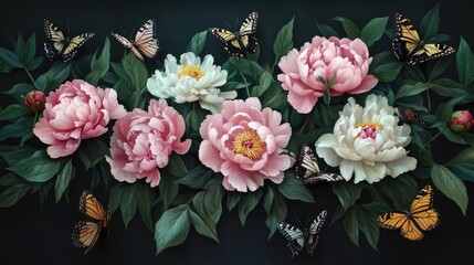 A vibrant arrangement of blooming pink and white peonies set against a dark background.