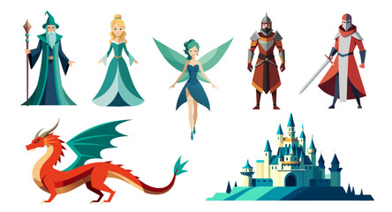 Fantasy characters from a book or game. Magician, Knight, King, Princess, Queen, Fairy, Castle and Dragon