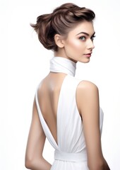 Fototapeta premium side view beautiful female model in white background