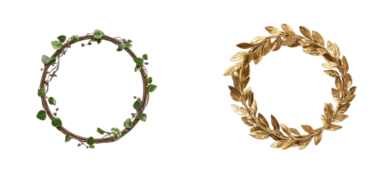 Green leaves and golden laurel wreath, cut out transparent